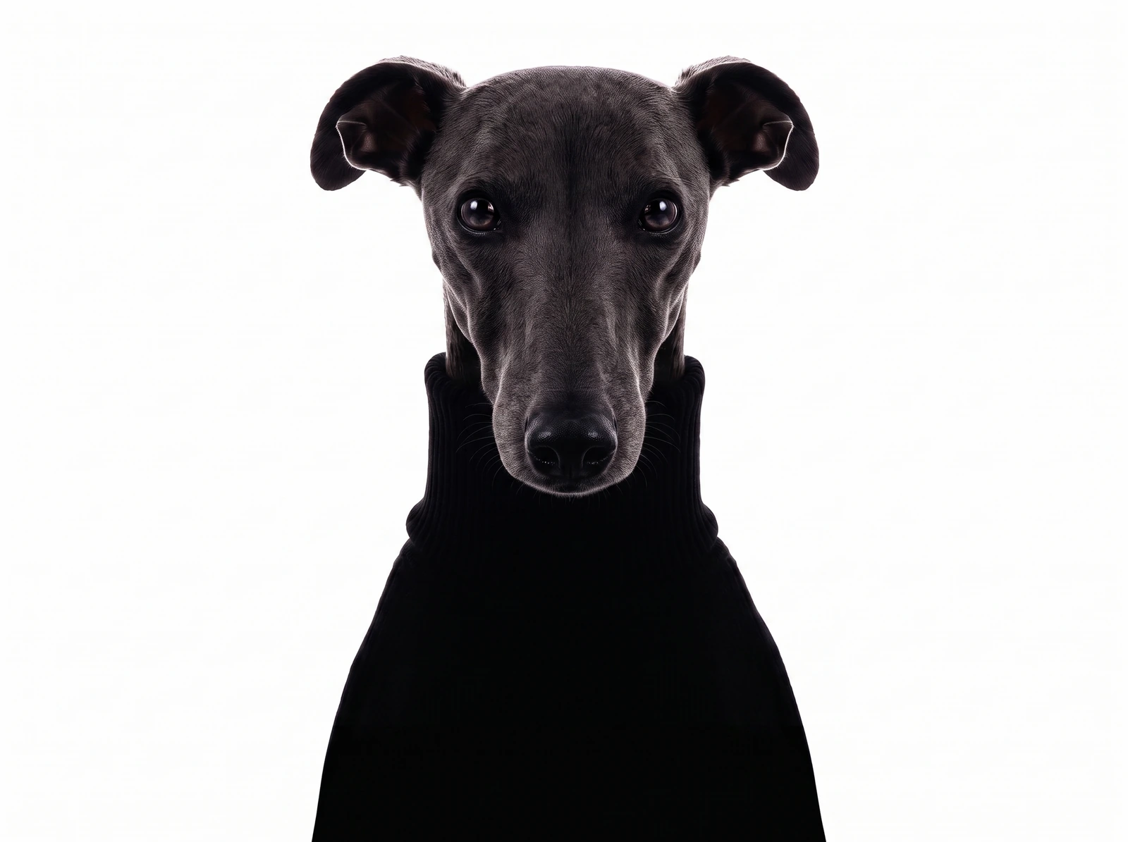 Un whippet blu-grigio in dolcevita nero, ripreso di fronte, che guarda dritto nell'obiettivo.